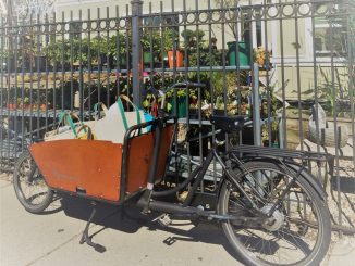 A cargo bike with a large wooden box in the front, filled with groceries, in front of a metal fence with plants in the background.